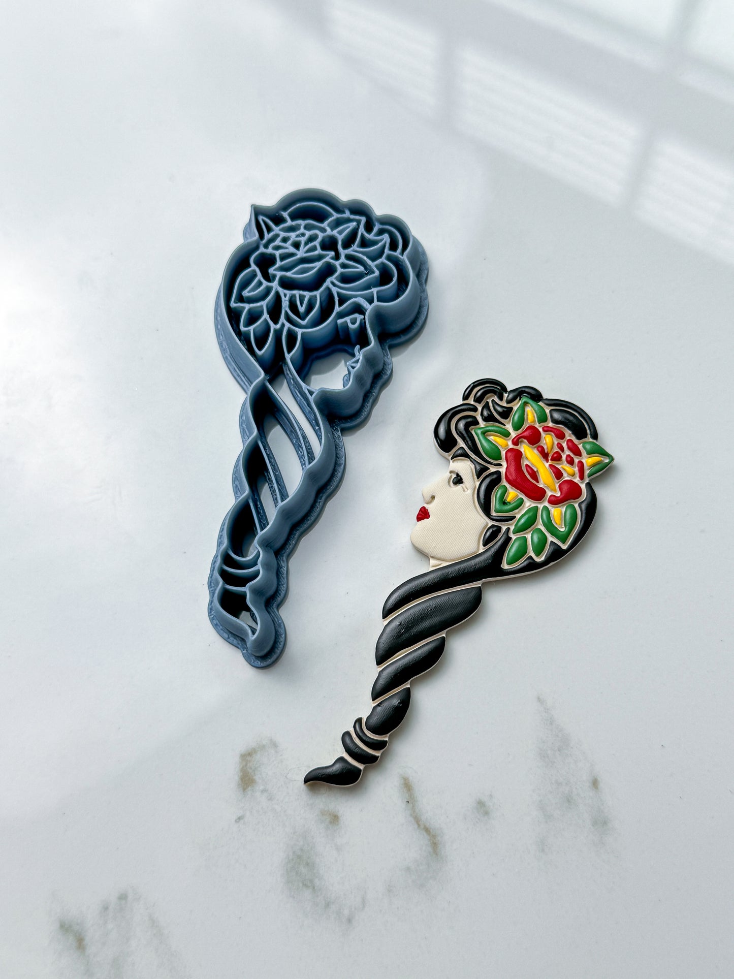 Traditional Girl Head w/ Long Hair | Tattoo | Clay Cutter