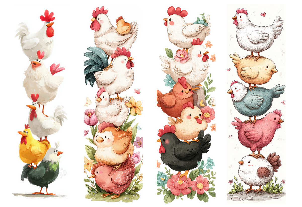 BOOK064 CHICKEN STACKS | Bookmark Set of 4 | BOOKMARK TRANSFER PAPER