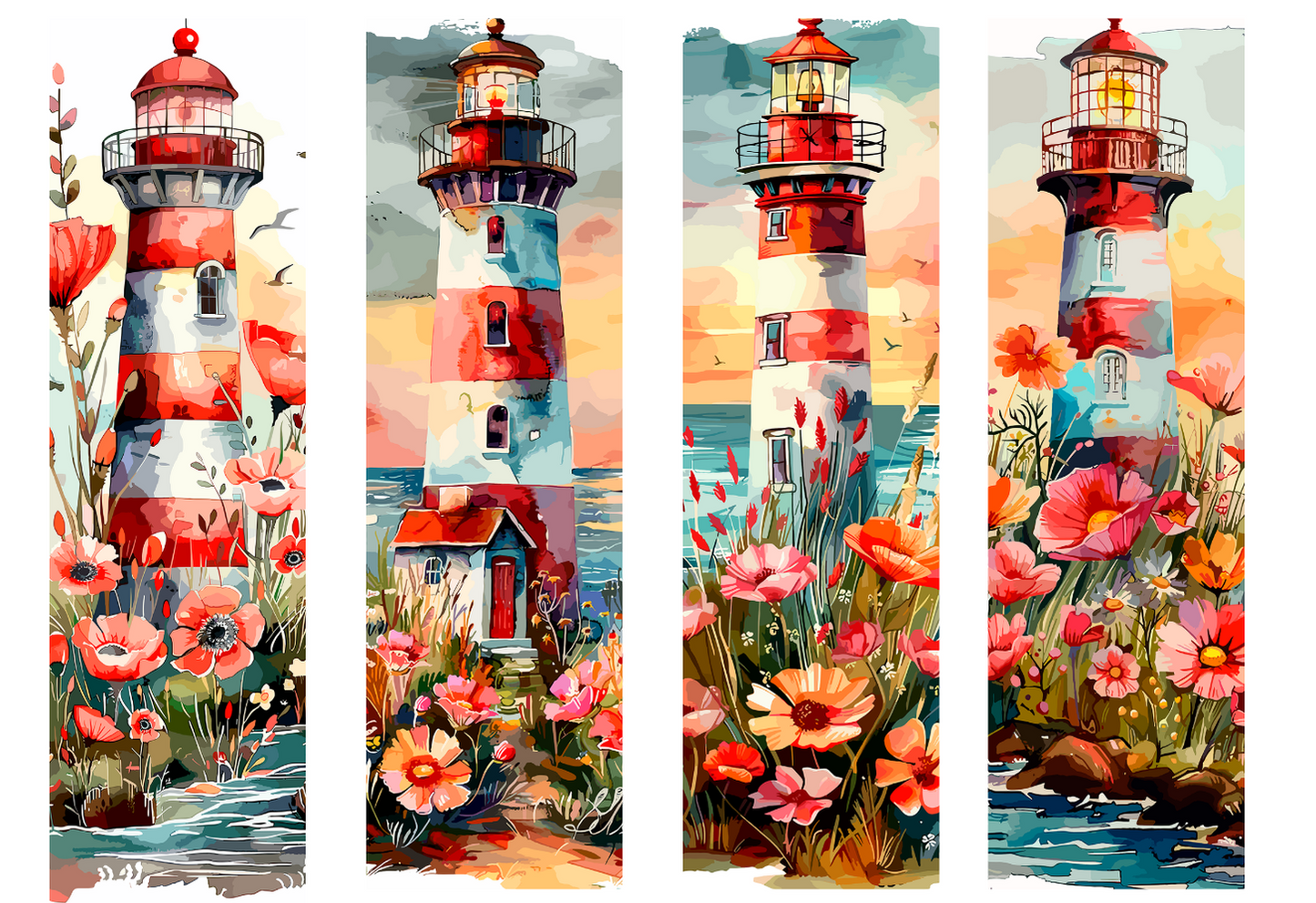 BOOK055 RED LIGHTHOUSE | Bookmark Set of 4 | BOOKMARK TRANSFER PAPER