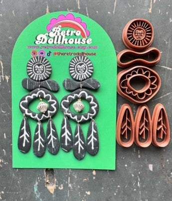 THERETRODOLLHOUSE COLLAB polymer clay cutters and large statement earring design with sun and floral motifs