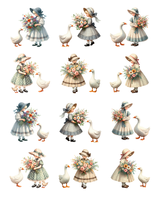 PCC 185 VINTAGE GIRL & HER GOOSE | TRANSFER PAPER FOR POLYMER CLAY