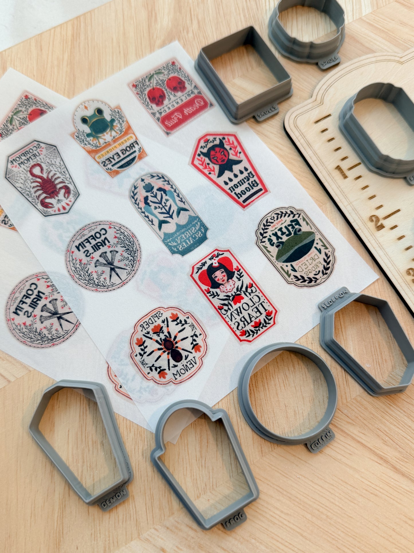 POISON LABEL TRANSFER & CUTTER COMBO | HALLOWEEN SPOOKY | POLYMER CLAY CUTTERS