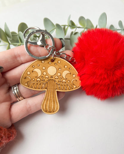 MOON PHASE MUSHROOM POMPOM KEYCHAIN | WOOD