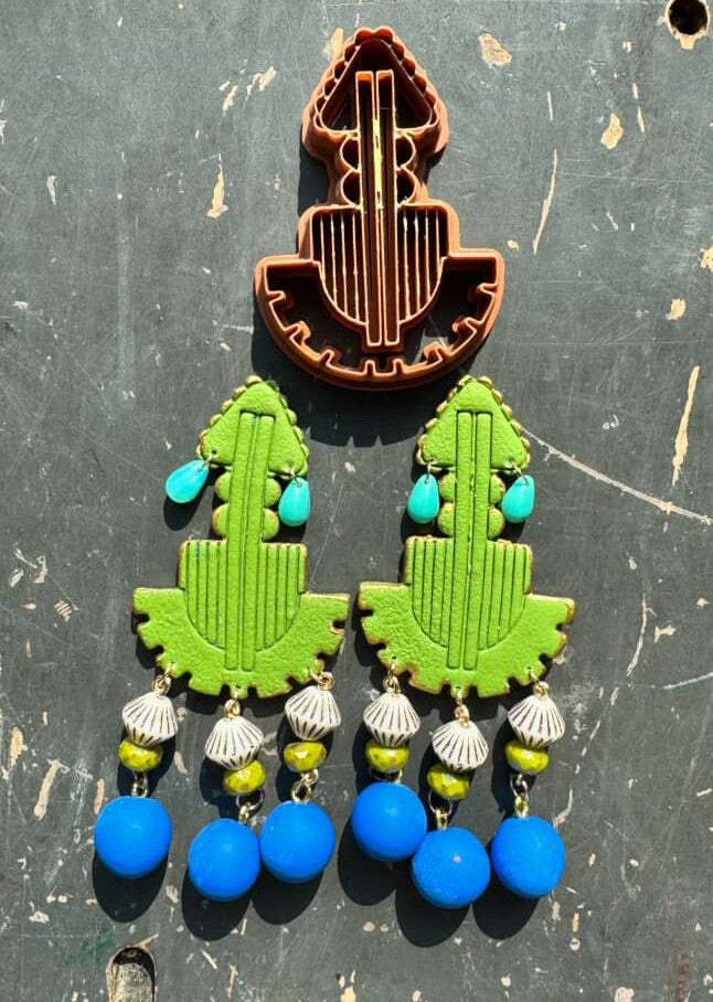 THERETRODOLLHOUSE collaboration polymer clay cutter and matching green and blue statement earrings