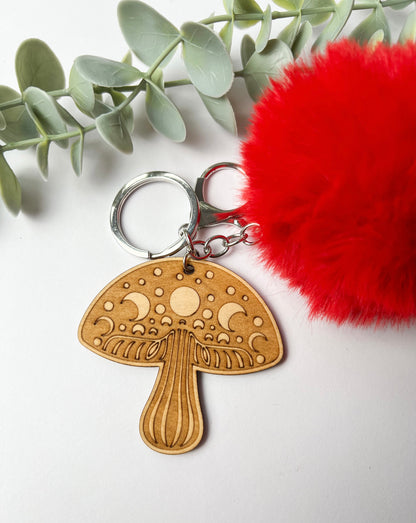 MOON PHASE MUSHROOM POMPOM KEYCHAIN | WOOD