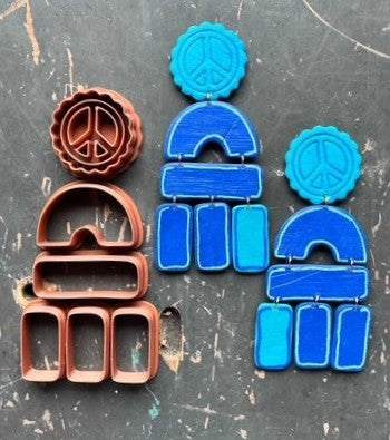 Set of biodegradable 3D printed polymer clay cutters with peace sign and geometric designs for making large statement earrings from THERETRODOLLHOUSE creations