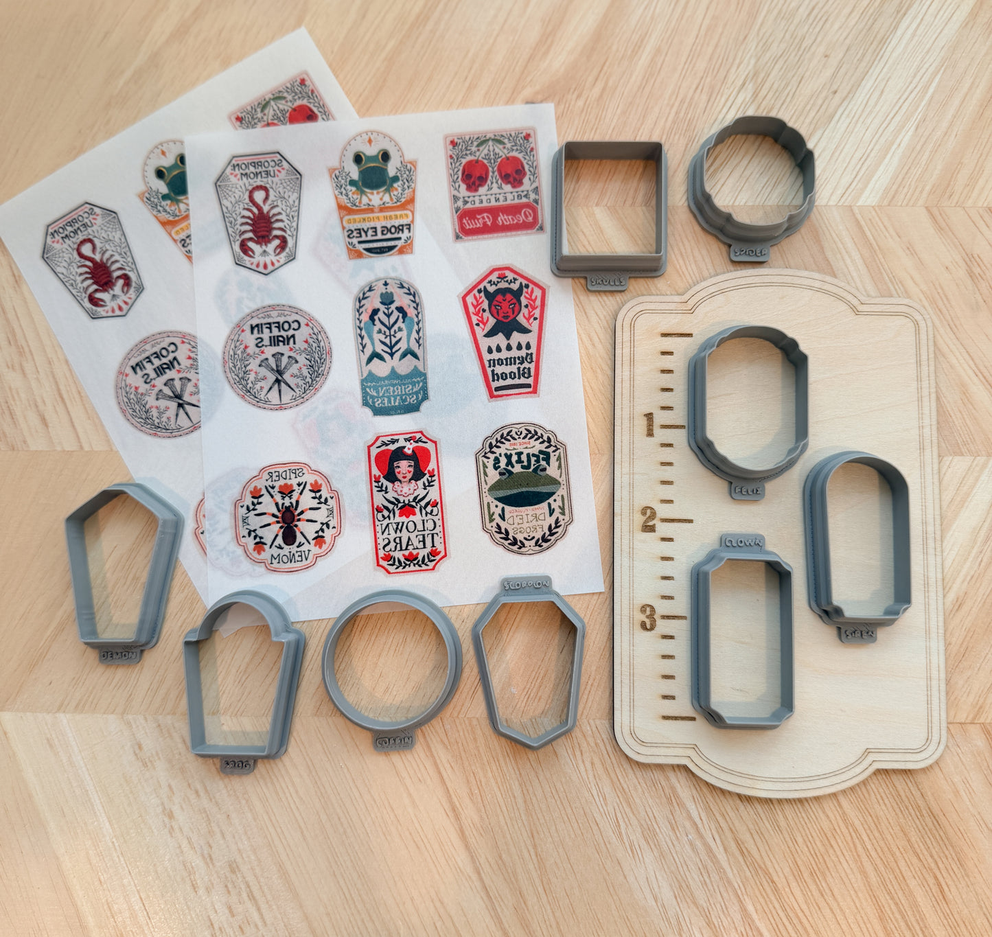 POISON LABEL TRANSFER & CUTTER COMBO | HALLOWEEN SPOOKY | POLYMER CLAY CUTTERS
