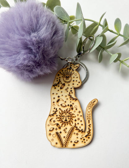 MYSTICAL CAT POMPOM KEYCHAIN | WOOD