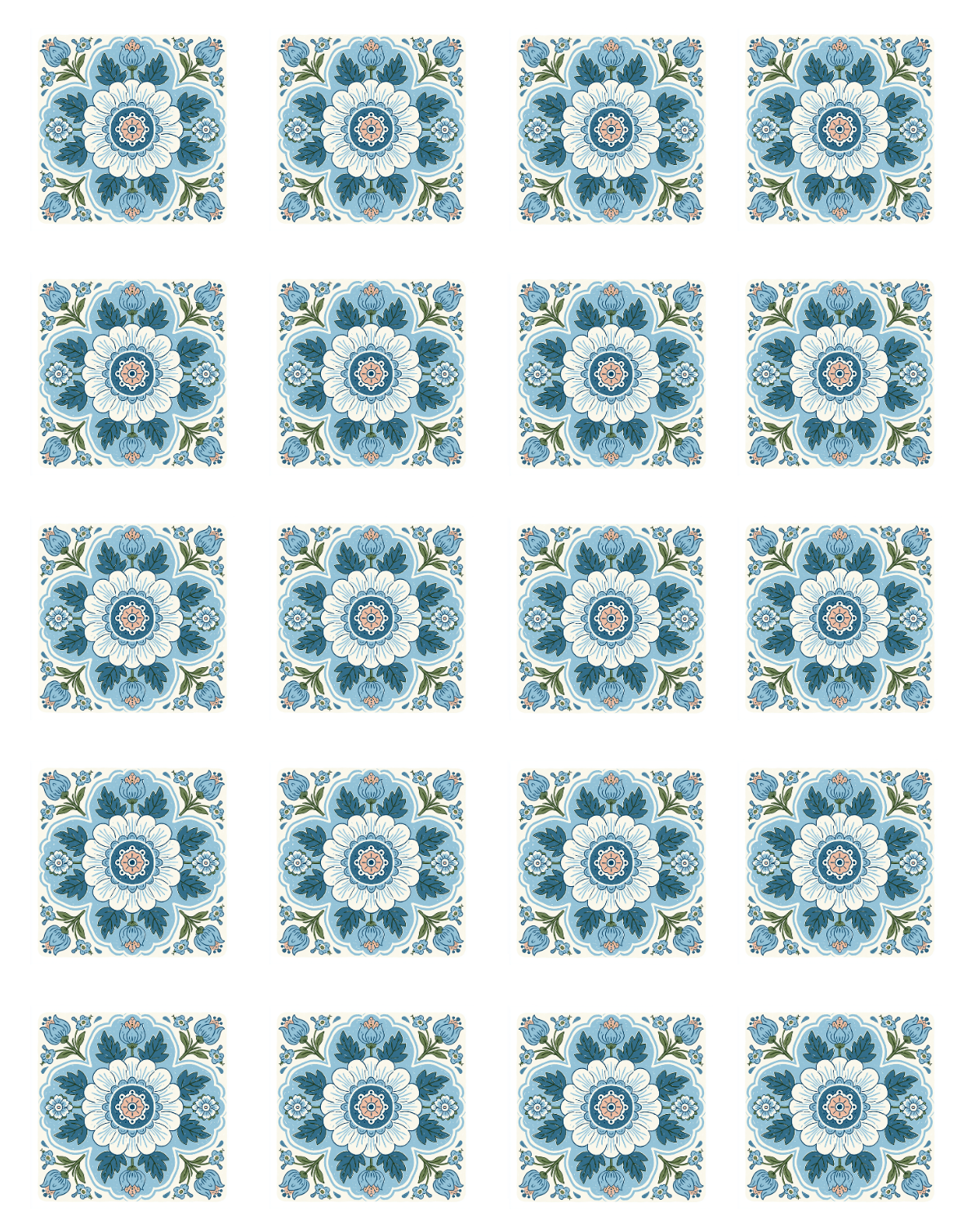 TILE 21 BLUE FLORAL MEDALLIAN TILE TRANSFER PAPER | TRANSFER PAPER & CLAY CUTTER