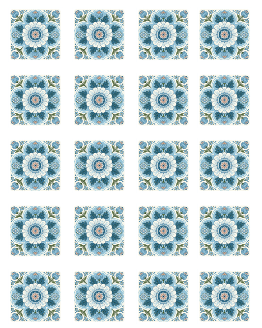TILE 21 BLUE FLORAL MEDALLIAN TILE TRANSFER PAPER | TRANSFER PAPER & CLAY CUTTER