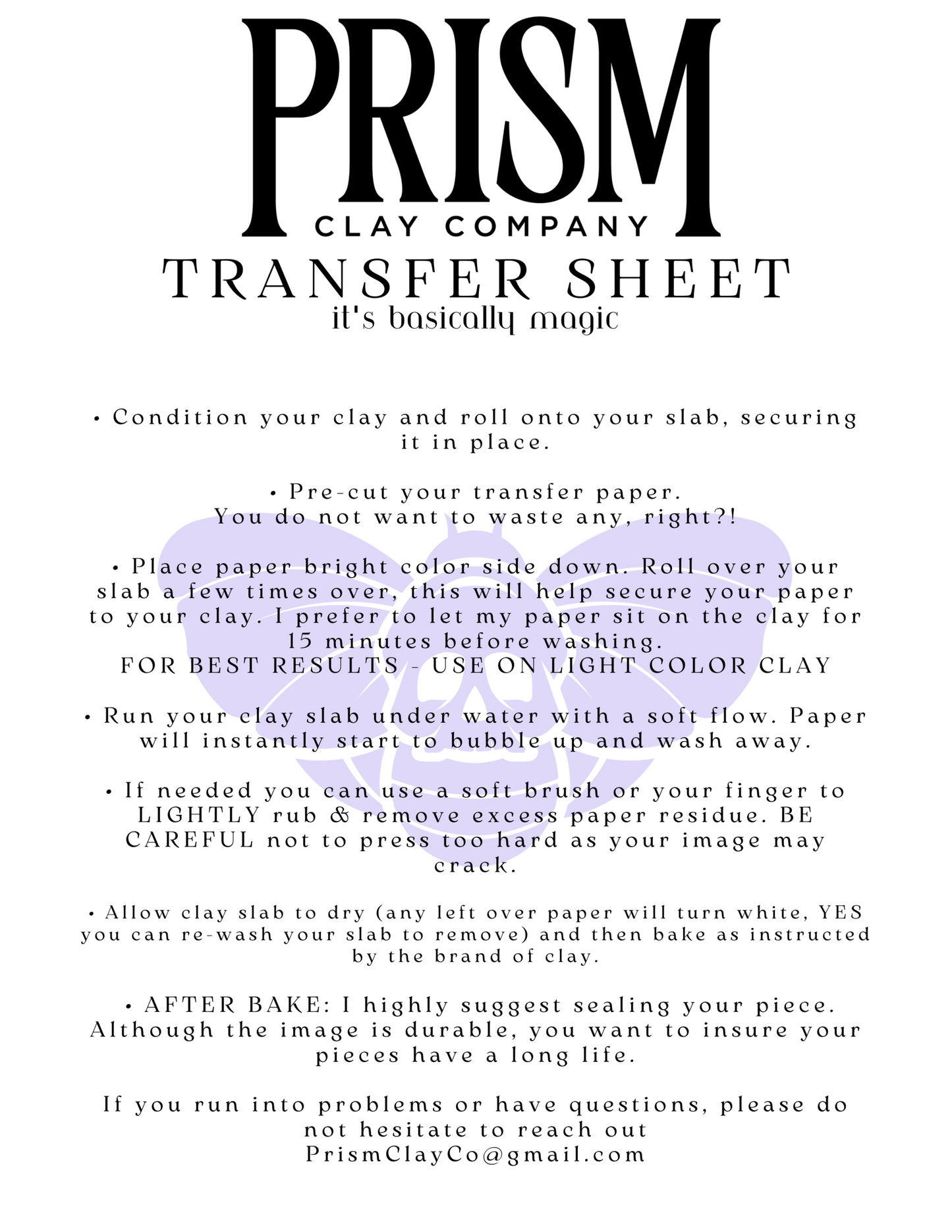 PCC 406 Transfer Paper instructions and branding on white background.